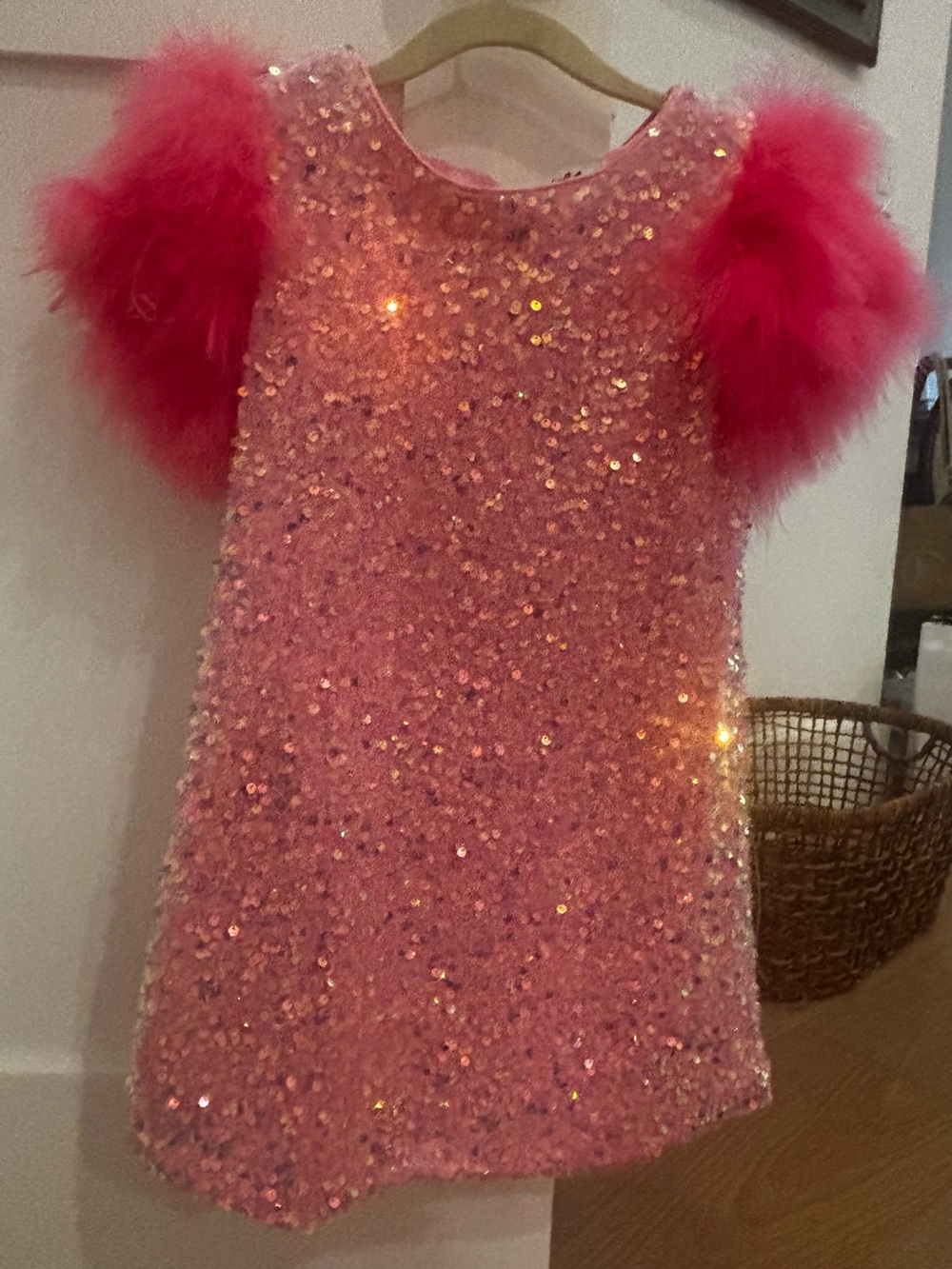 Lola + The Boys Pink Sequin Dress with Hot Pink Feather Puff Sleeves